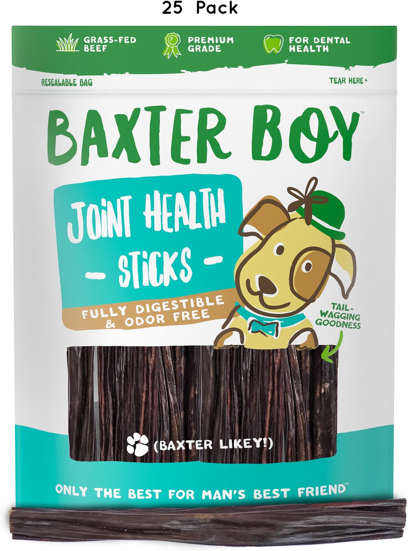 Baxter Boy 6” Joint Health Boosting Sticks Dog Treat Chews (25 Pack) – Naturally Rich in Glucosamine and Chondroitin - Fresh and Tasty Beef Gullet Sticks -Helps Promote Healthy Joints & Tissue Growth