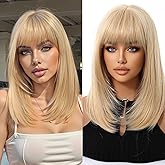 Osicapea Light Blonde Bob Wigs with Bangs for Women, Woman Natural Short Straight Heat Resistant Synthetic Wig, 14 Inch Long Hair Replacement Wigs for Women's Cosplay Costume Party Daily Use