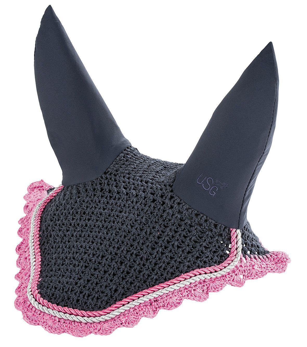 USG Fly Veil Cotton with Elastic Ear Protector with Double Rope, Pony/ Cob, Navy/ Ice Blue/ Ecru