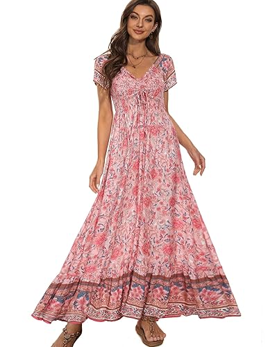 Summer Short Sleeve Floral Maxi Dress for Women Casual Flowy Swing Smocked  Beach Bohemian Party Pleated Dress Pink in Kenya | Whizz Dresses