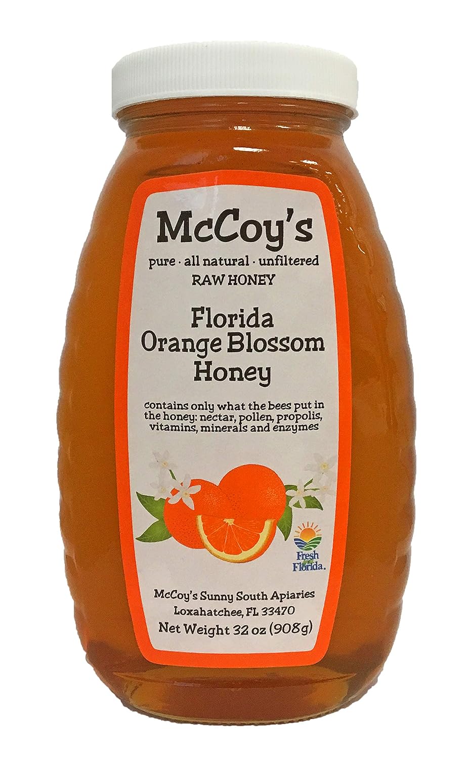 Raw Honey - Pure All Natural Unfiltered & Unpasteurized - McCoy's Honey Florida Orange Blossom Honey Jar 32oz
