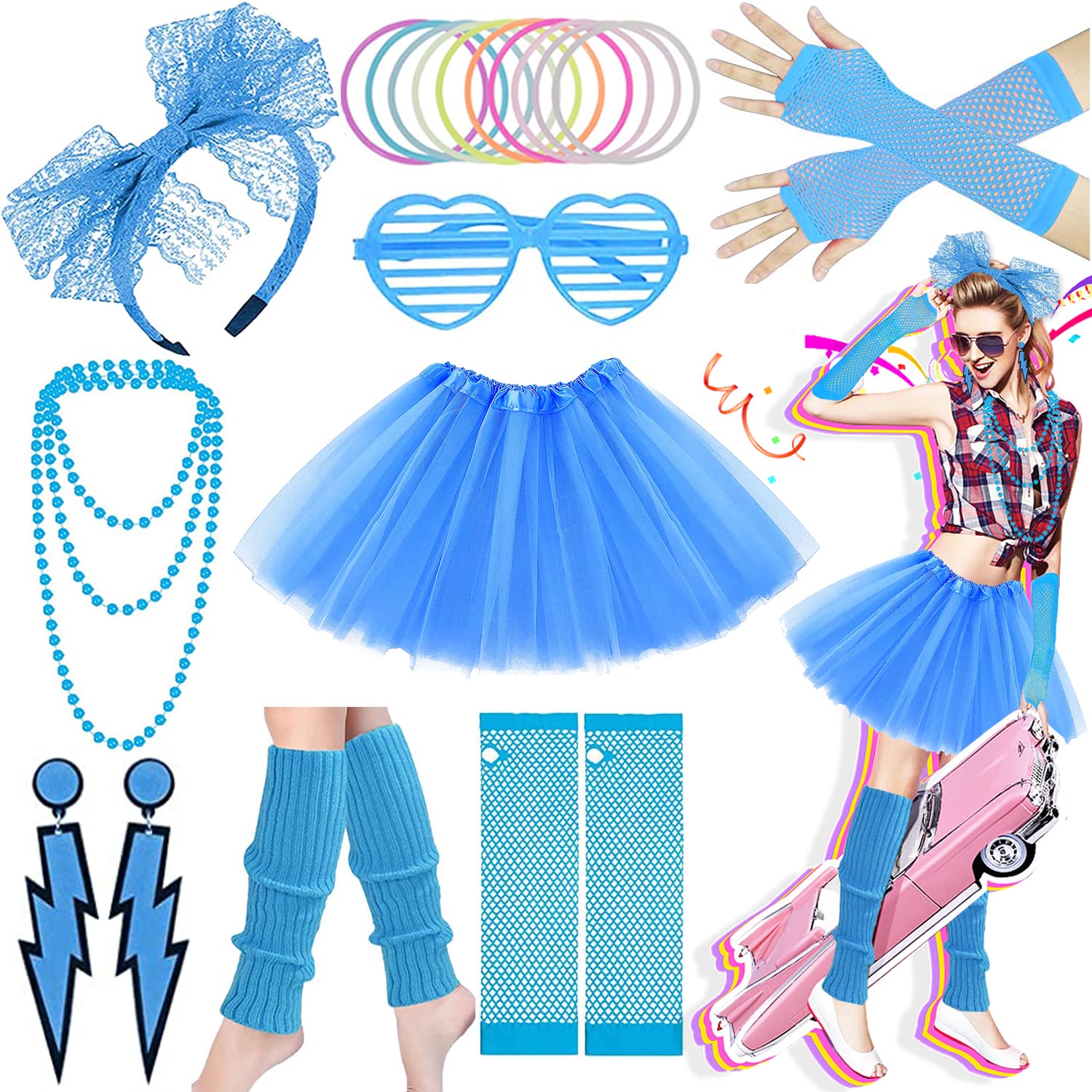 Ronilp 80s Fancy Dress For Women,1980s Fancy Party Blue Costume Accessories Set, Tutu Skirt Leg Warmers Necklace Bracelets Fishnet Gloves 80s Lace Bow Headband Earrings Sunglasses — image 1