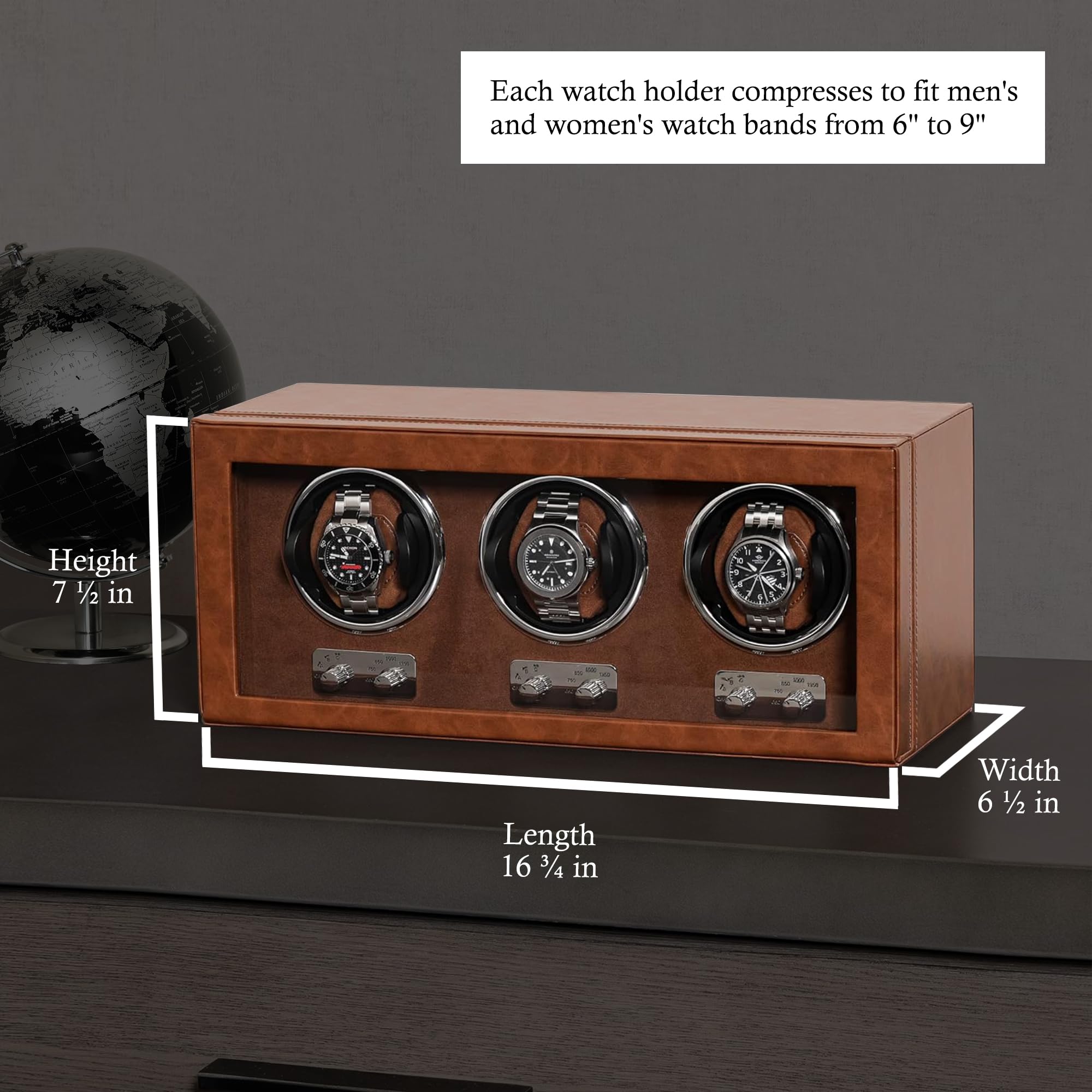 ROTHWELL Triple Watch Winder for Automatic Watches with Quiet Motor with Multiple Speeds and Rotation Settings (Tan/Brown)