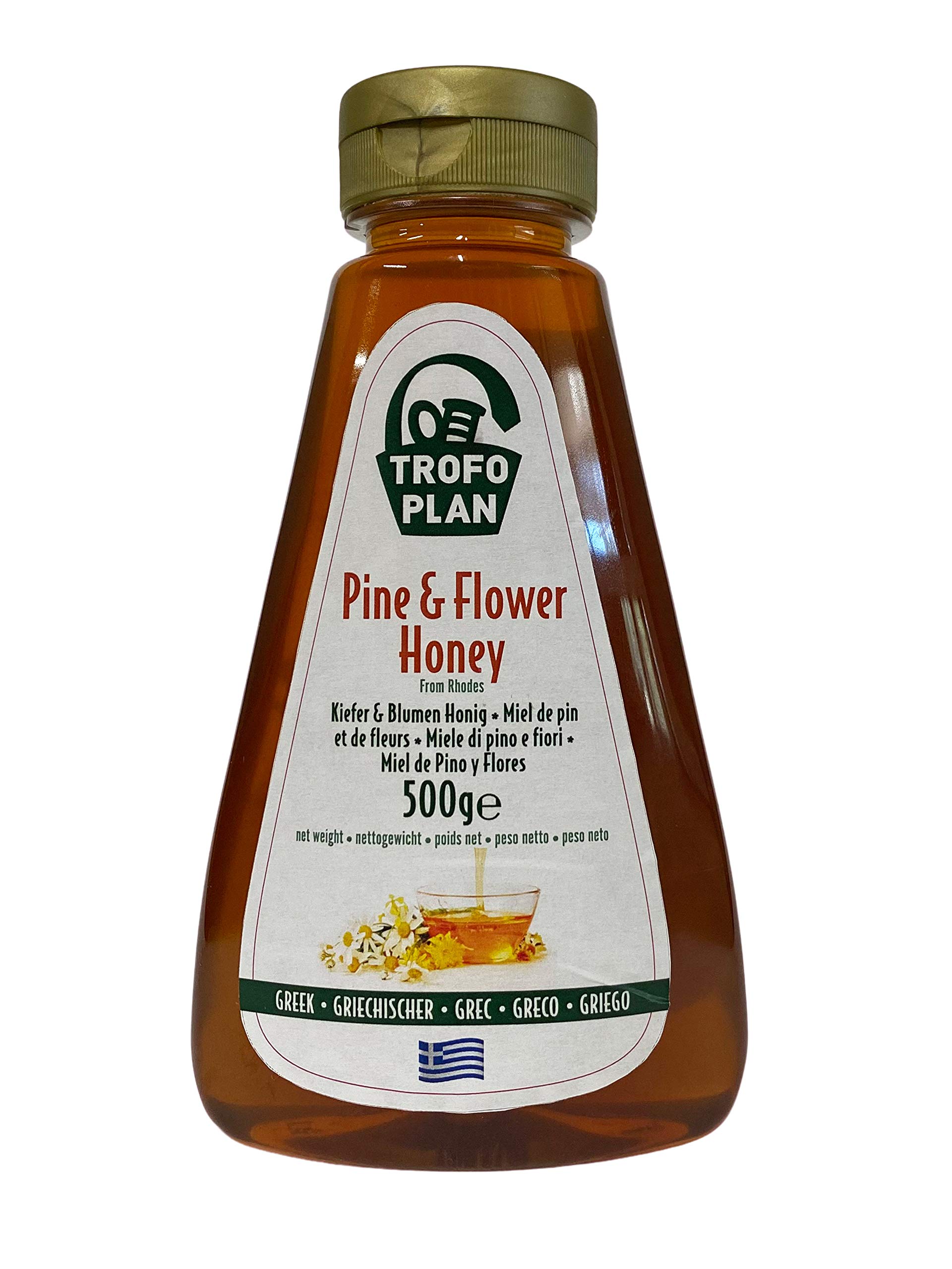 TrofoPlan Greek Pine & Flowers Honey of Rhodes – 500 g Squeeze Bottle | Pure Greek Honey from Greece | Runny Texture, Bold Sweet Taste, Everyday Use