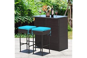 Toolsempire 3 Pieces Patio Bar Set Outdoor Bar Set, Wicker Bar Set with Tempered Glass Table-Top & Two Stools, Outdoor Furniture Bistro Set for Porch, Poolside, Backyard, (Turquoise)