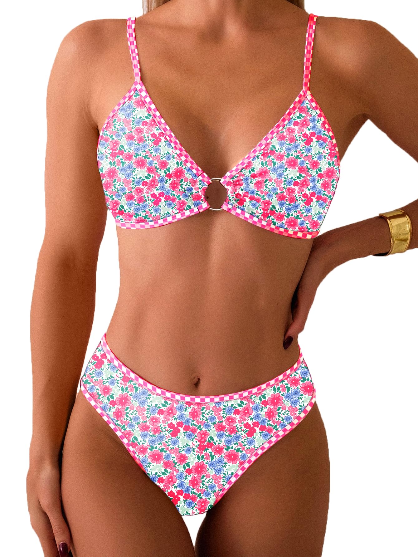 Photo 1 of Fanuerg Women's Triangle Bikini Sets O Ring Linked Two Piece Swimsuits Floral Printed Cheeky Bathing Suit Paisley Light Pink Floral XS