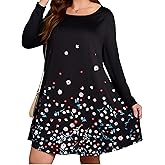 BLANCHES Plus Size Floral Dress for Women Long Sleeves Crew Neck Casual Dresses Empire Waist A-Line Flowy Dress with Pockets