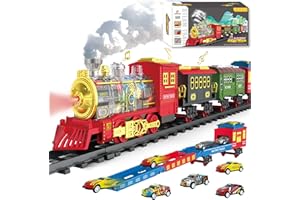 BUBUQE Electric Train Set Christmas Train Toys for Boys with Smokes, Lights and Sound (ON/Off) Rechargeable Train Set Under Christmas Tree, Toddler Model Trains for 3 4 5 6 7 8+ Years Old Kids Gifts