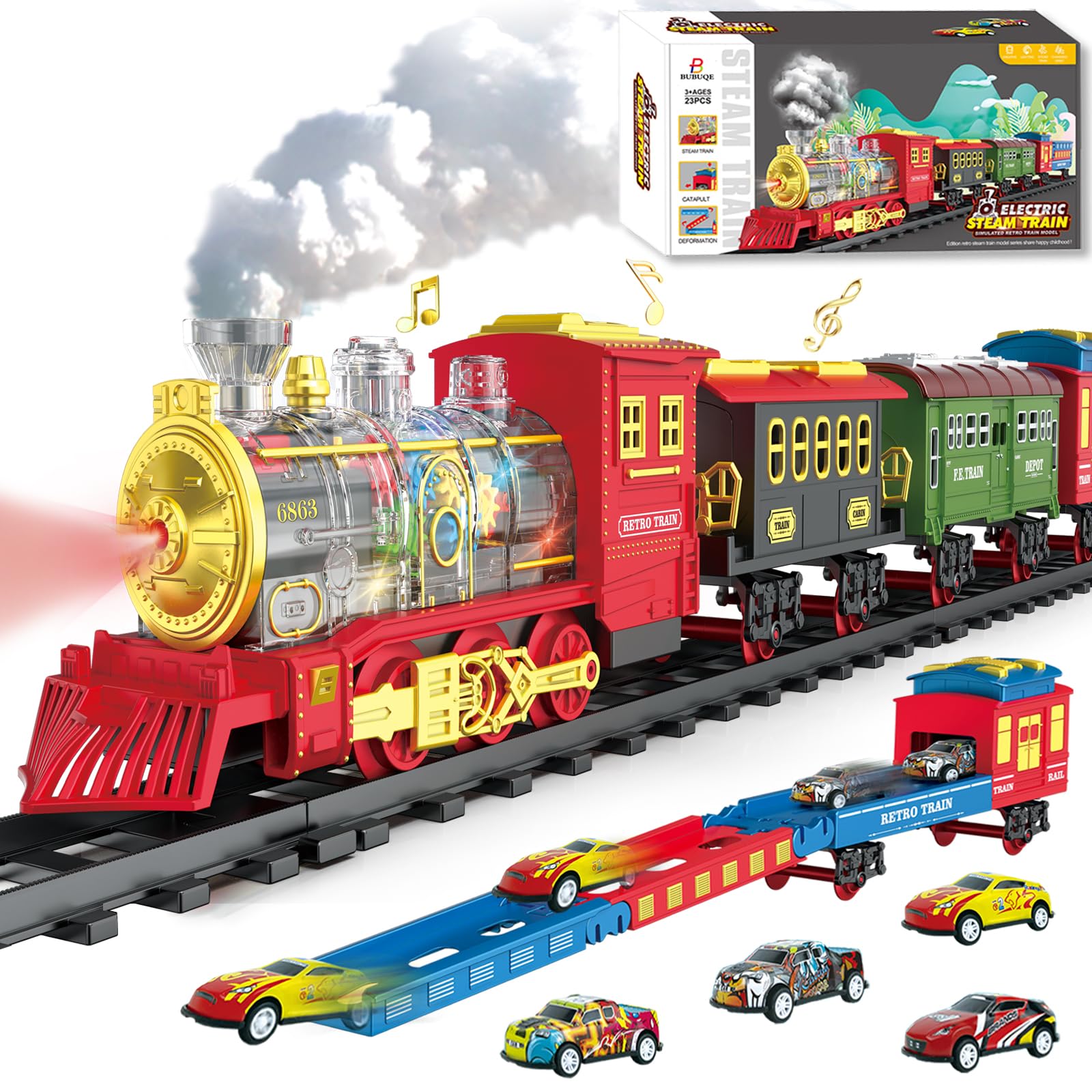 Electric Train Set Christmas Train Toys for Boys with Smokes, Lights and Sound (ON/Off) Rechargeable Train Set Under Christmas Tree, Toddler Model Trains for 3 4 5 6 7 8+ Years Old Kids Gifts