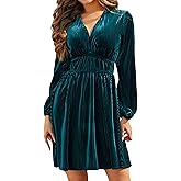 R.Vivimos Womens Fall Winter Velvet Striped Mini Dress 2026 Long Sleeve V Neck Elastic High Waist Elegant Casual A-Line Dress