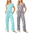 Ekouaer 2 Pack Womens Pajamas Short Sleeve Sleepwear Top with Pants Super-Soft Printed Lounge Sets S-XXL