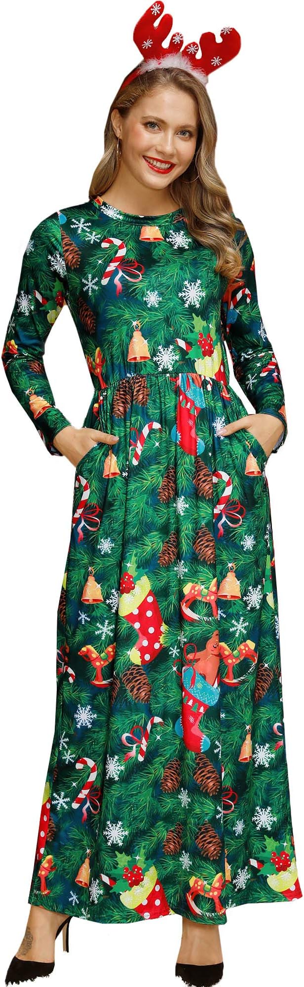 For G and PLWomen's Christmas Long Sleeve Ugly Maxi Dress with Pockets