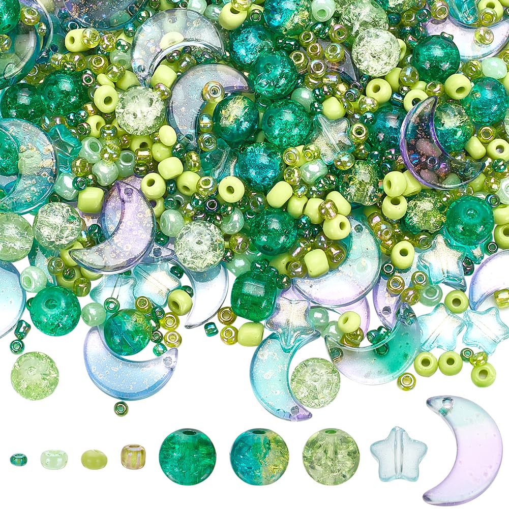 SUNNYCLUE 1 BOX ABOUT 1700+PCS Green Star And Moon Beads Bulk Glass Transparent Beads Resin Round Seed Spacer Loose Bracelet Making Kits for jewellery Making Bracelet Beading Kits Diy Xmas Gift Crafts