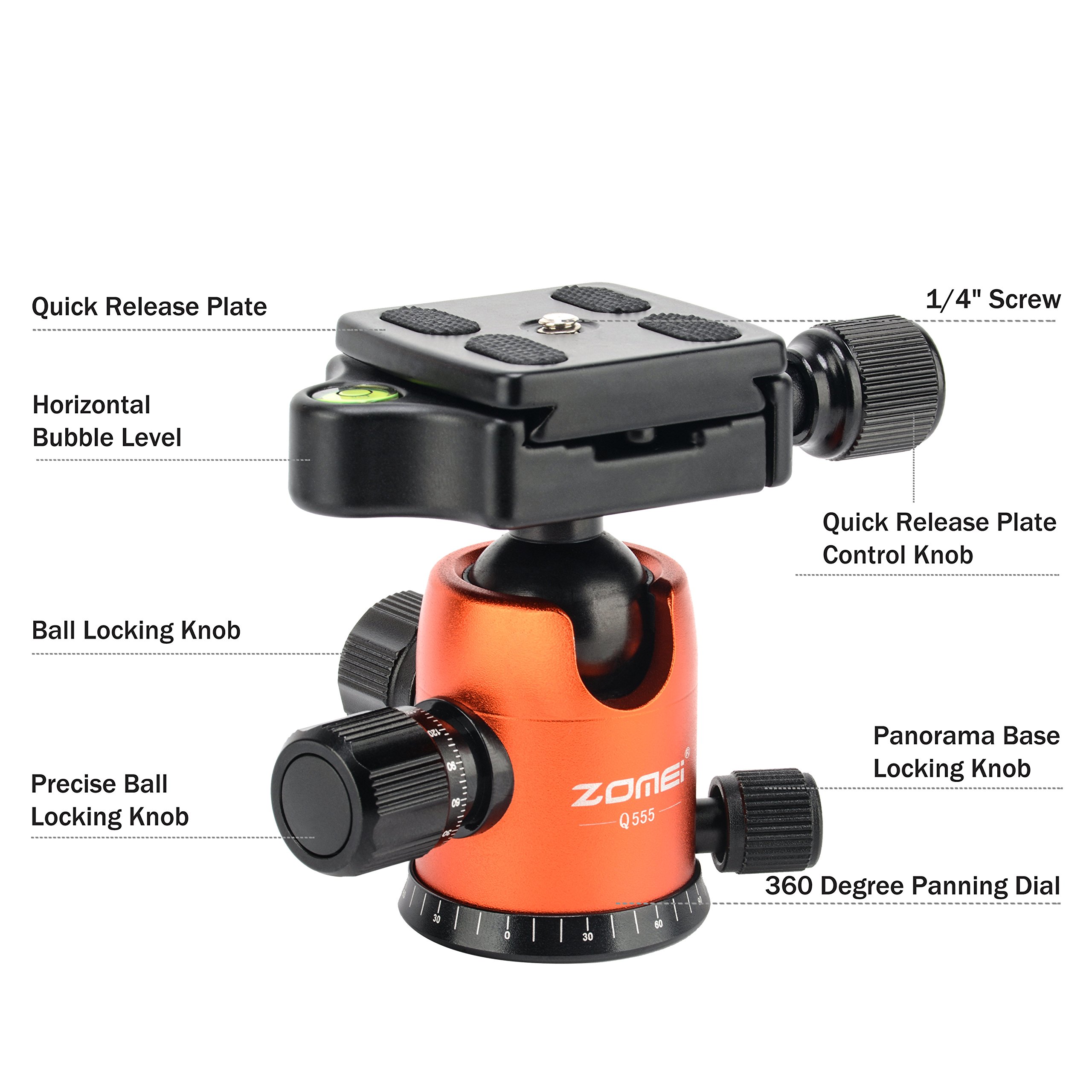 ZOMEi Q555 Lightweight Alluminum Alloy Camera Tripod with 360 Degree Ball Head + 1/4\