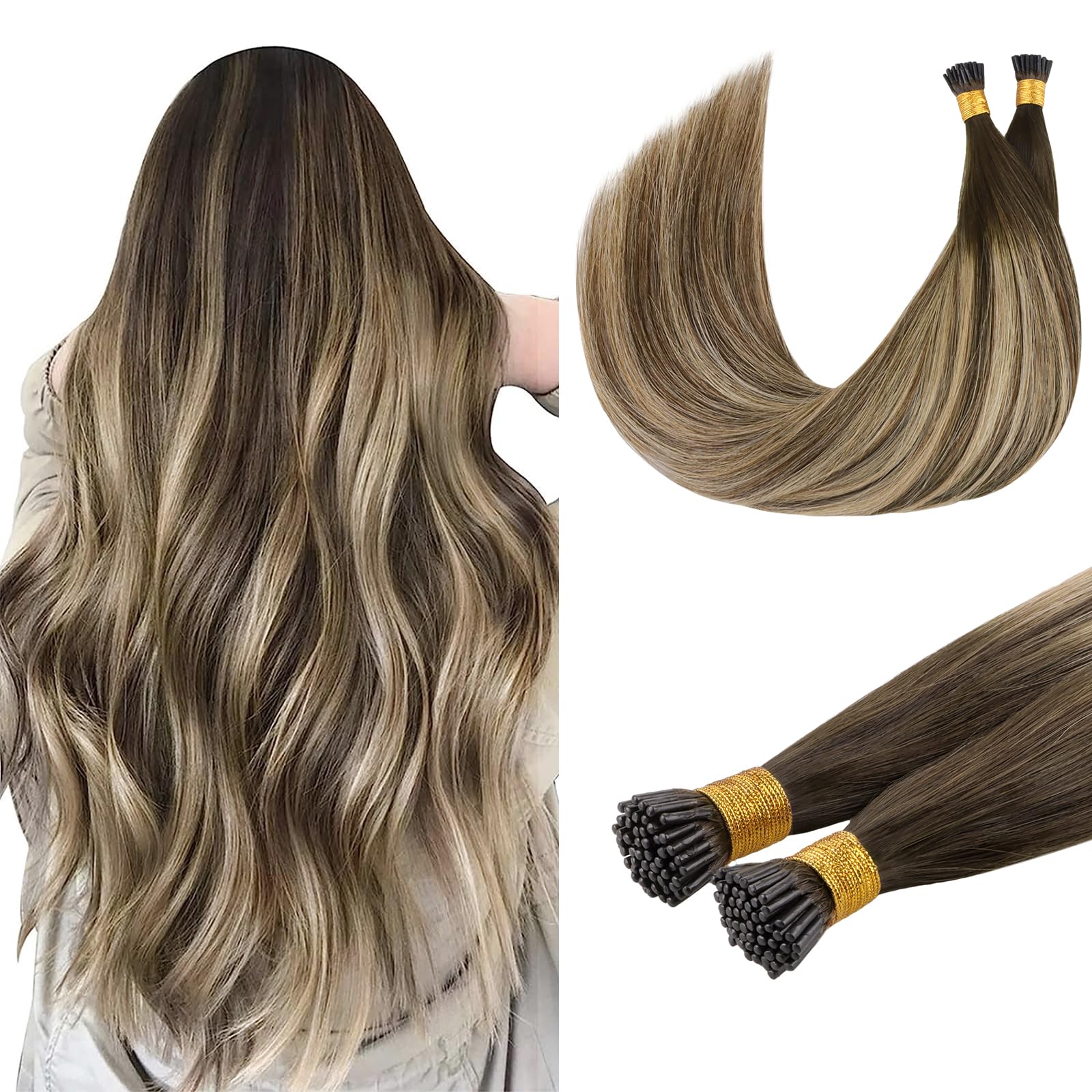 DOORES I Tip Ring Hair Extensions, Chocolate Brown to Honey Blonde 20 Inch 50g 50s, Cold Fusion I Tip Hair Extensions Real Human Hair Invisible — image 1