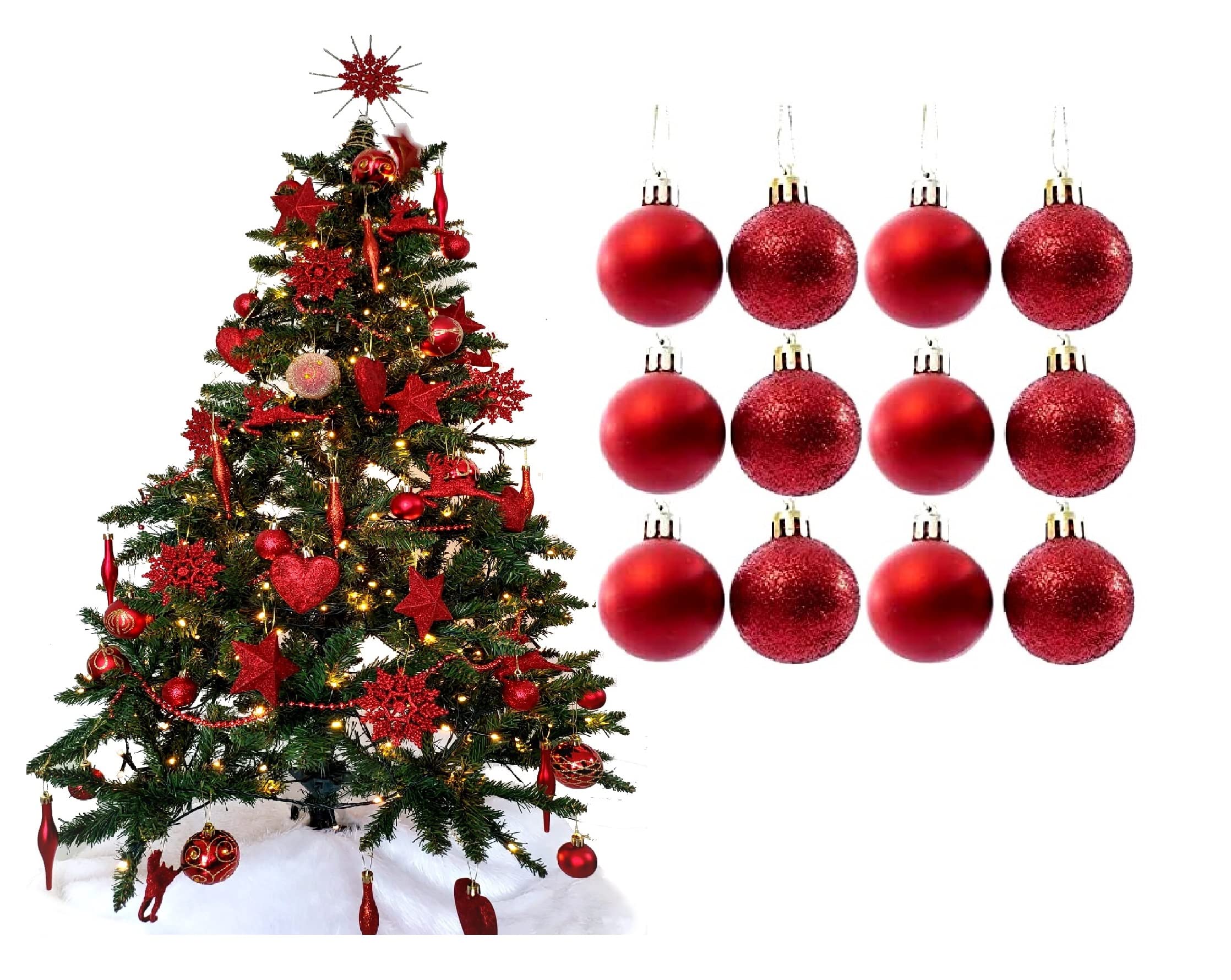 Simply Products Christmas Tree Decoration Baubles 3.8cm - Great Christmas Tree Hanging Ball Decorations, Matte & Glitter Baubles Pack of 12-3.8cm (Red Matte & Glitter)