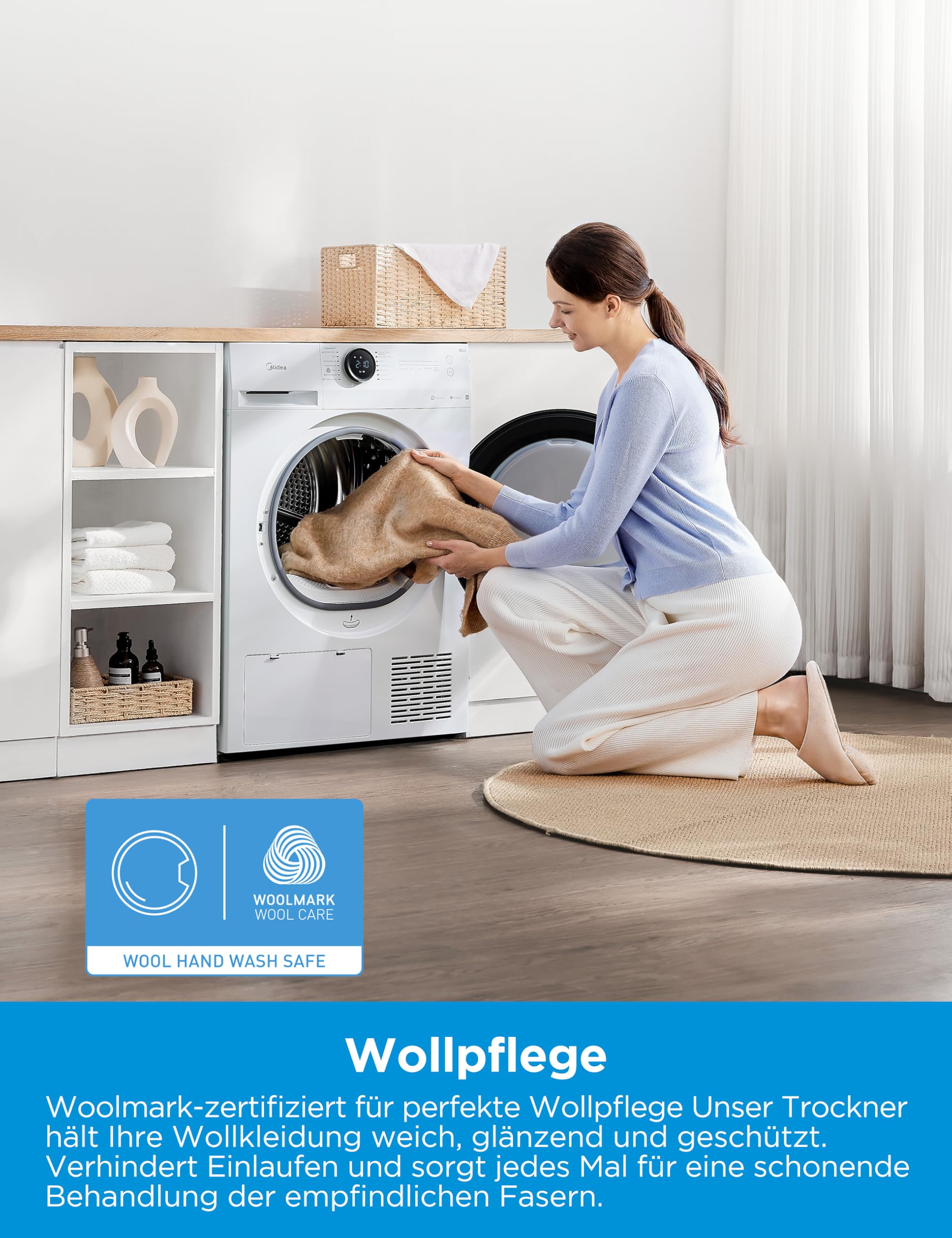 Midea MD20EH80WB-A3 Wärmepumpentrockner, 8 kg, Energieklasse C, UV Hygience, Knitterschutz, Sanfte Pflege, Auto Dry, Wollpflege, Auffrischen, Fernsteuerung, Startzeitvorwahl, Weiß [Energieklasse C] 8
