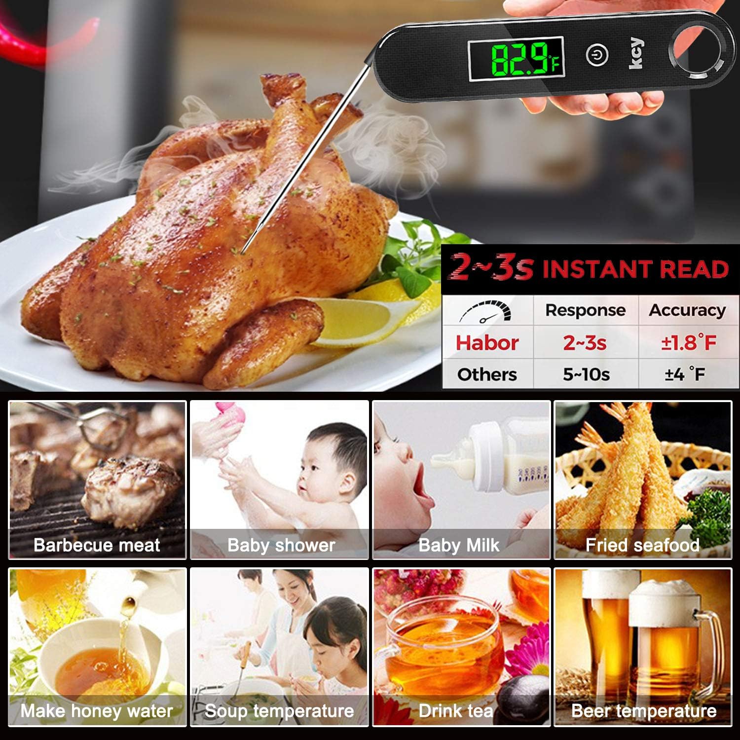 KCY Ultra Fast Thermocouple Digital Instant Read Meat Thermometer, Best Waterproof Thermometer for Kitchen, Cooking Food, BBQ, Grill and Oil Deep Fry Candy (Black): Kitchen & Dining
