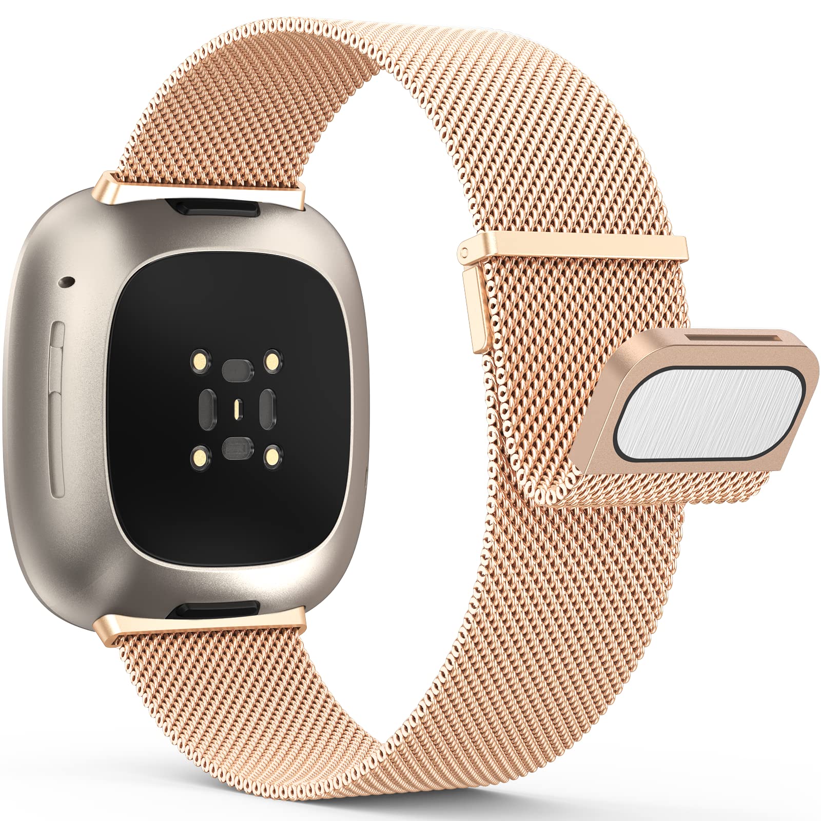 Yoohoo Straps Compatible with Fitbit Versa 3/Fitbit Versa 4/Fitbit Sense 2,Adjustable Stainless Steel with Double Magnetic Clasp Replacement Straps for Women Men/Rose Gold