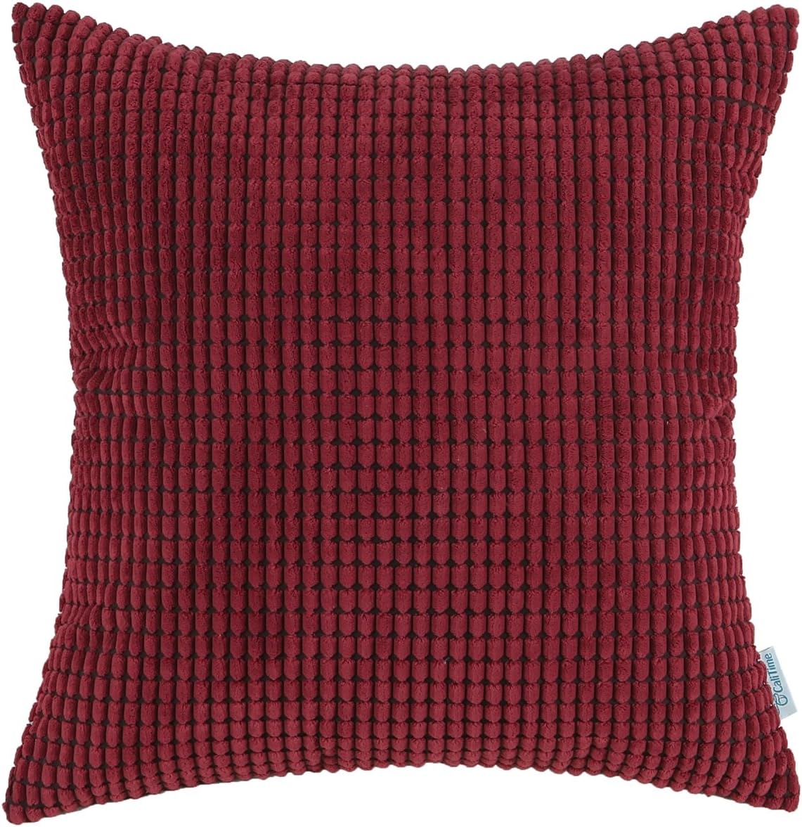 CaliTime Cozy Throw Pillow Cover Case for Couch Sofa Bed Comfortable Supersoft Corduroy Corn Striped Both Sides 18 X 18 Inches Burgundy