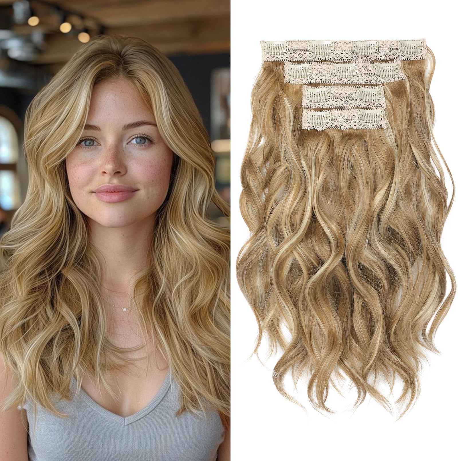 Photo 1 of REECHO Hair Extensions, 4PCS Clip in Hair Extensions 14" Short Beach Wavy Invisible Lace Weft Natural Soft Hairpieces for Women – Honey Blonde with Highlights
