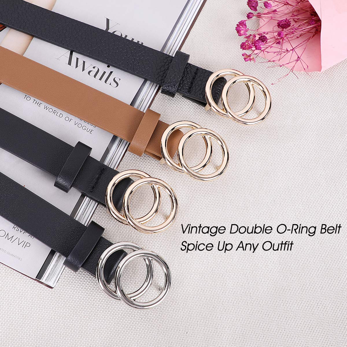 Women\'s Leather Skinny Belts for Dress Jeans Pants Fashion Soft Leather Waist Belts with Double O-Ring Buckle