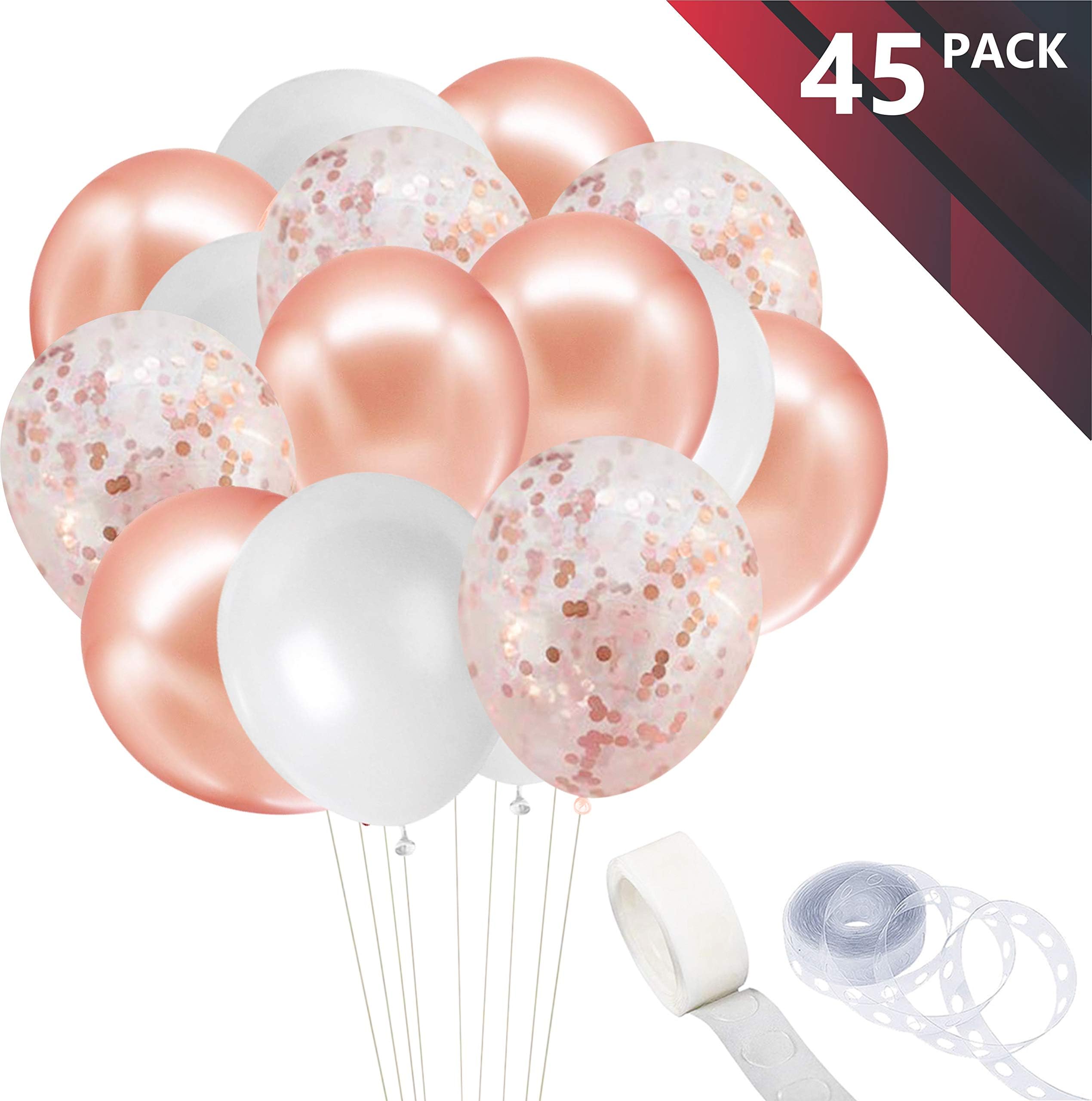 Rose Gold Balloon Arch Kit|45 x 12” White, Rose Gold and Confetti Balloons with 16ft Shaping Strip|Party Decoration for Birthdays, Weddings and Engagement Party