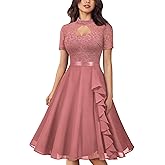 Miusol Women's Vintage Half Neck Cut-Out Lace Ruffle Style Cocktail Party Dress (X-Large, Cinnamon Pink)
