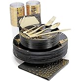 N9R 225pcs Black Gold Plastic Plates, Disposable Dinnerware Set Include 25 Dinner Plates, 25 Dessert Plate, 25 Plastic Silverware, 25 Mini Forks, Gold Cups, Napkins and Table Cards Halloween