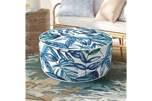 DYTXIII Inflatable Ottoman Stool D21 xH9 for Outdoor/Indoor Use, Water Repellent Patio Foot Rest Stool with Portable Handle,Round Pouf Ottoman Suitable for Garden,Deck and Camping - Leaves Ink Blue