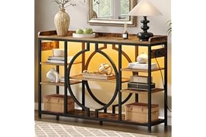 GOLDDAY 47.2 Inch Console Tables with Charging Station and LED Light, 4 Tier Rustic Brown Industrial Sofa Table with Storage 