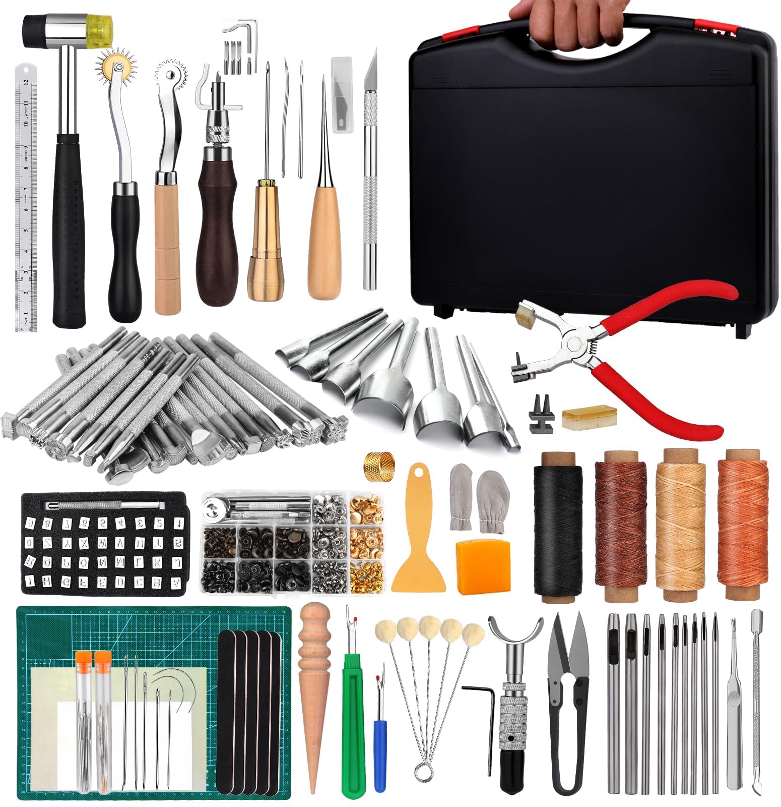 273 Pieces Leather Working Tools and Supplies with Leather Tool Box Cutting Mat Hammer Stamping Needles Snaps and Rivets Kit Perfect for Stitching Punching Cutting Sewing Leathercrafting Making