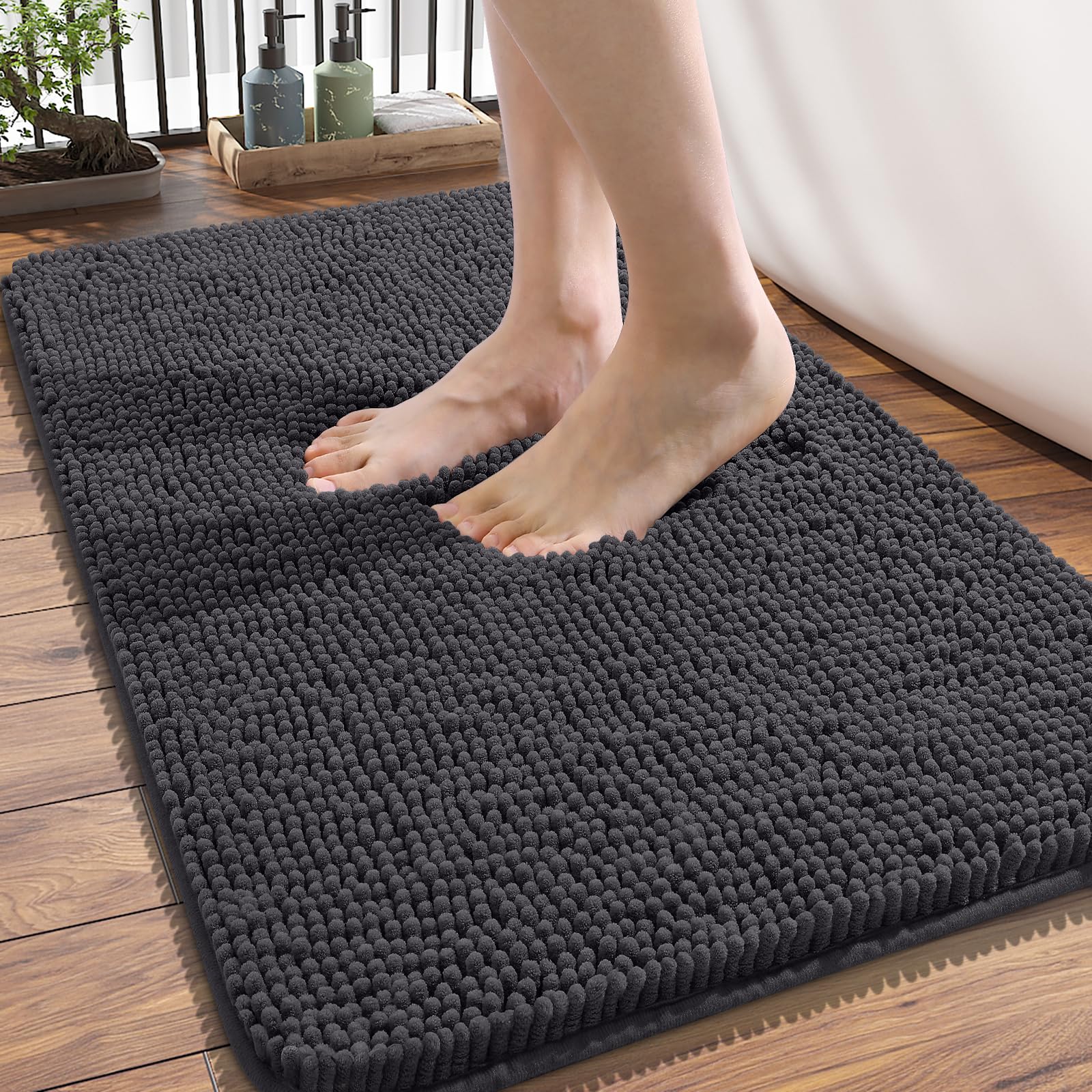 Photo 1 of OLANLY Bathroom Rugs 34x21, Extra Soft Absorbent Chenille Bath Rugs, Rubber Backing Quick Dry, Machine Washable Bath Mats for Bathroom Floor, Tub and Shower, Home Decor Accessories, Dark Grey
