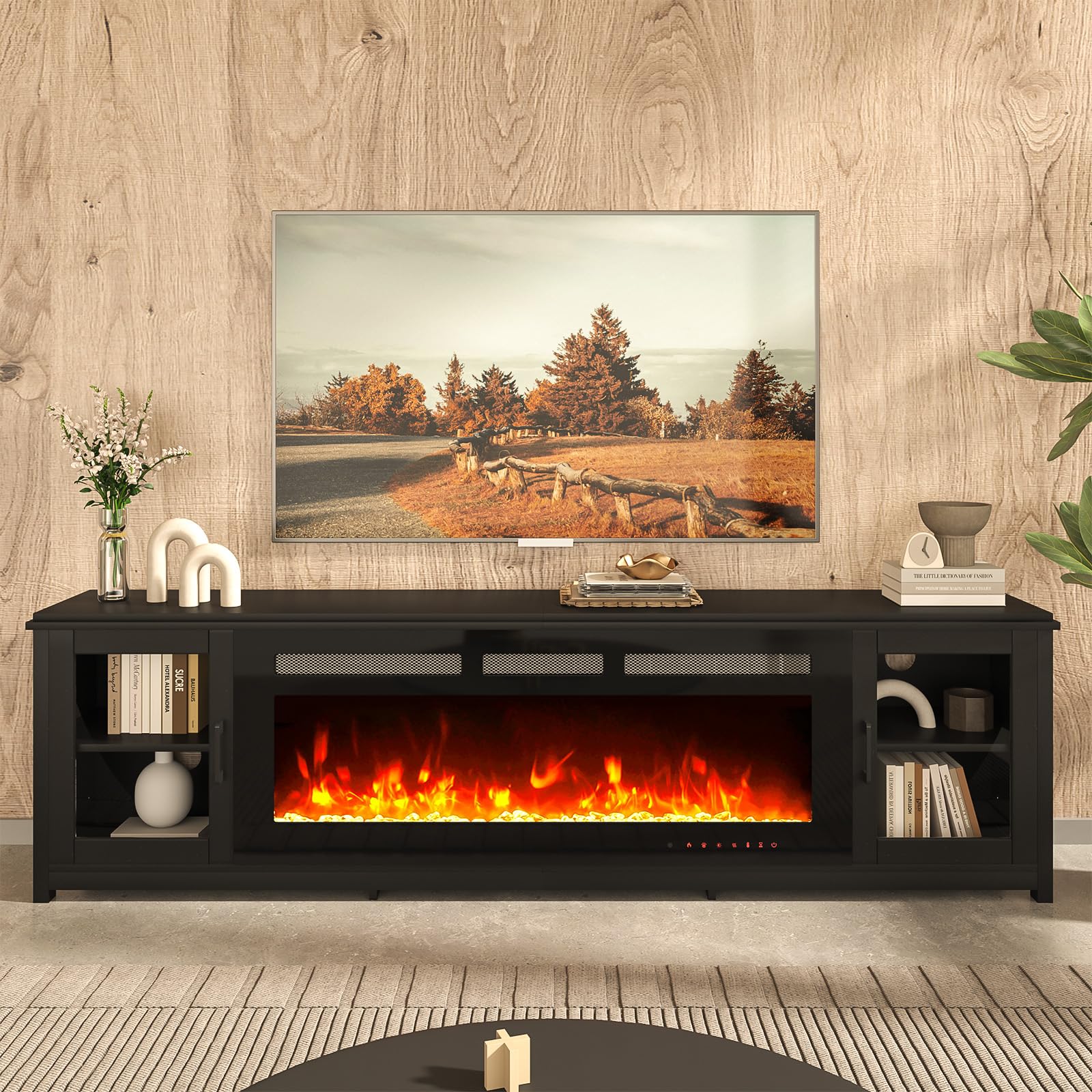 Photo 1 of ***Only Box 2 Of 2*** oneinmil 80" Fireplace TV Stand, 50 Inch Electric Fireplace & Modern Entertainment Center, TV Console with Adjustable Shelf & Glass Door for TVs Up to 90", Fire Place TV Stands for Living Room, Black