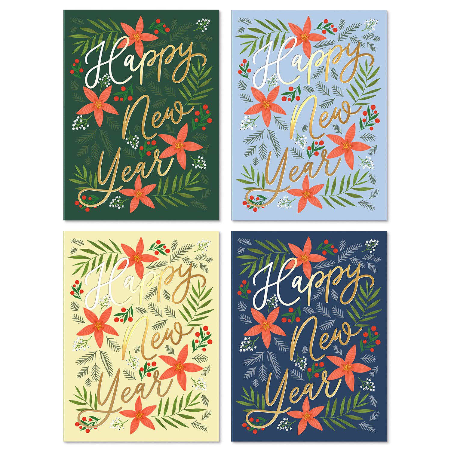 SWEETZER & ORANGE Happy New Year Cards Set with Envelopes - 24 Pack of Thick 300gsm Holiday Decor Sheets, Greeting Cards, Joyful Holidays & Thank You Messages