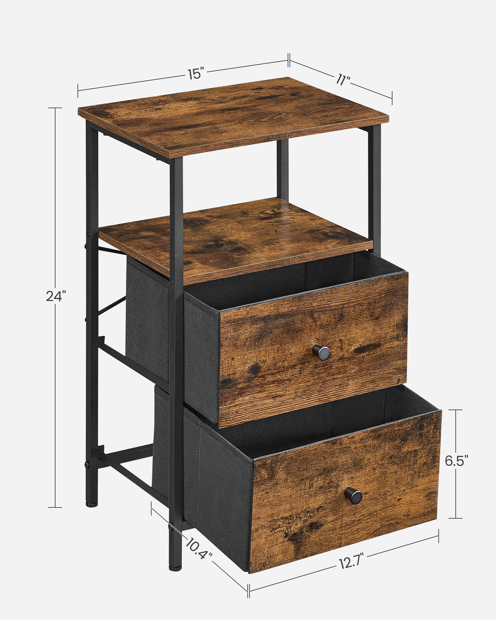 VASAGLE Nightstand, 24-Inch Tall Side Table with 2 Fabric Drawers and Storage Shelf, for Bedroom, Rustic Brown and Black ULGS025B01