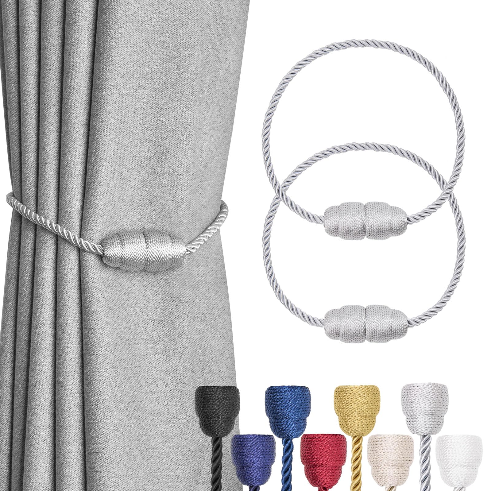 Pretty Jolly 2 Pack Strong Magnetic Curtain Tiebacks - Handmade Weave Side Rope Curtain Holdbacks - Unique & Elegant Decorative Tie Backs for Home & Office Window Drapery (Grey)