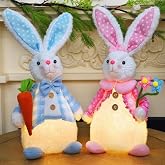 Juegoal 2 Pack Lighted Easter Bunny, 12.5" Handmade Huggable Rabbits Couple with Lights, Light Up Easter Basket Rabbits Easte