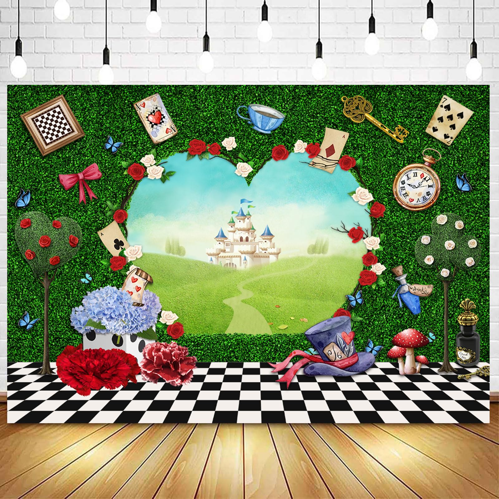 Photo 1 of Withu Enchanted Wonderland Backdrop Green Grass Flowers Love Heart Arch Fairy Tale Castle Magic Hat Poker Decoration Banner Birthday Baby Shower Tea Party Photo Portrait Background 7x5ft