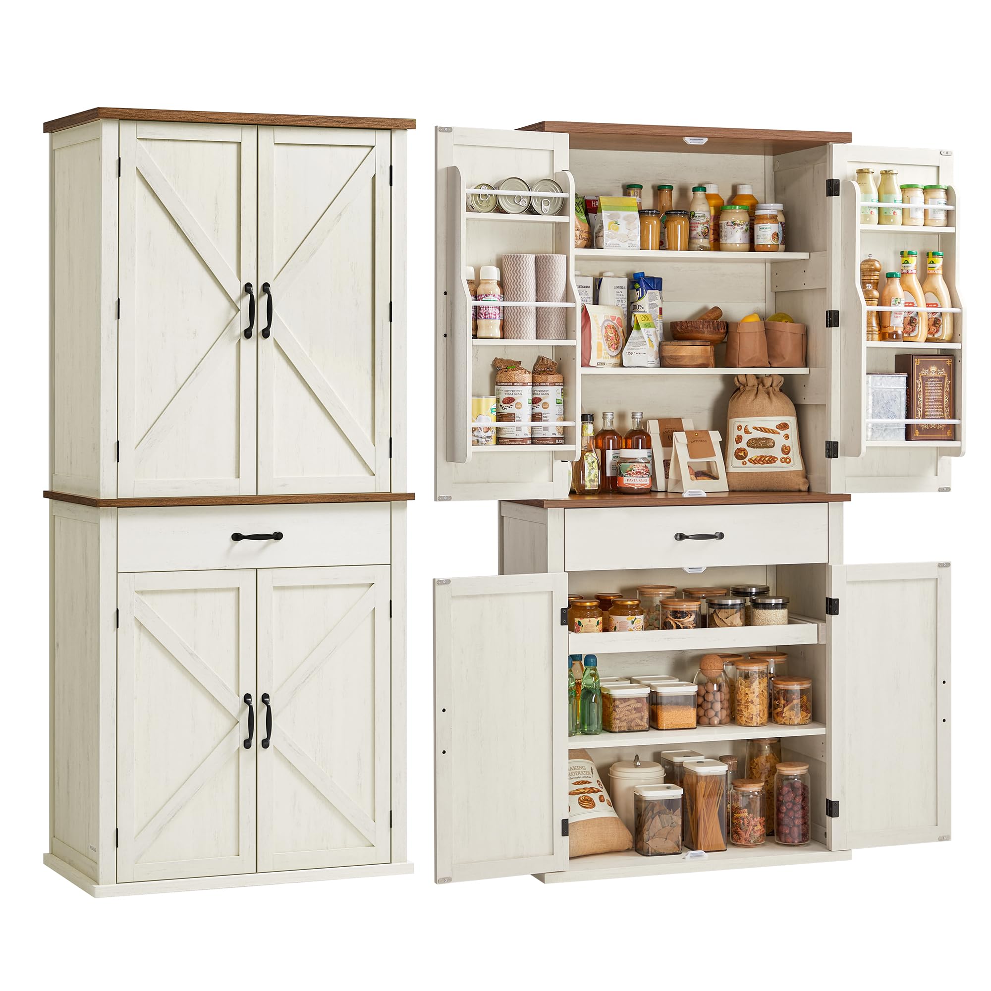 Photo 1 of **ONE CORNER CRACKING**VASAGLE LIRY Collection - Pantry Cabinet, 70.3-Inch Tall Farmhouse Kitchen Storage Cabinet with Barn Doors, Drawer, Tray, Adjustable Shelves, for Kitchen, Dining Room, Rustic White UBBK364W01