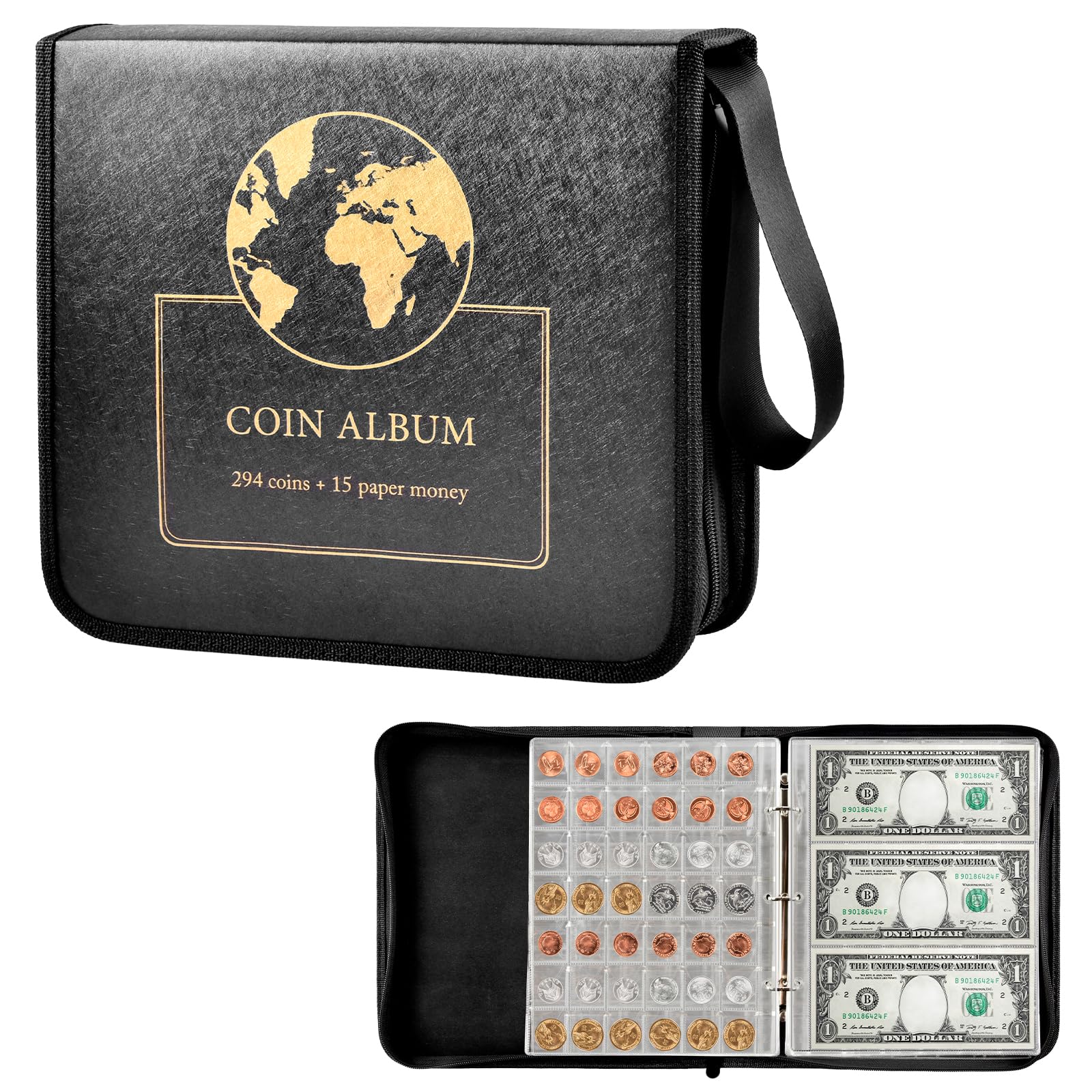 294 Pockets Coin Collection Album & Paper Money Holder Book, Coins Collecting Supplies Case & 15 Currency Sleeves Organizer Collectors, Display Storage for Silver Dollar Bill Quarters Penny Stamp
