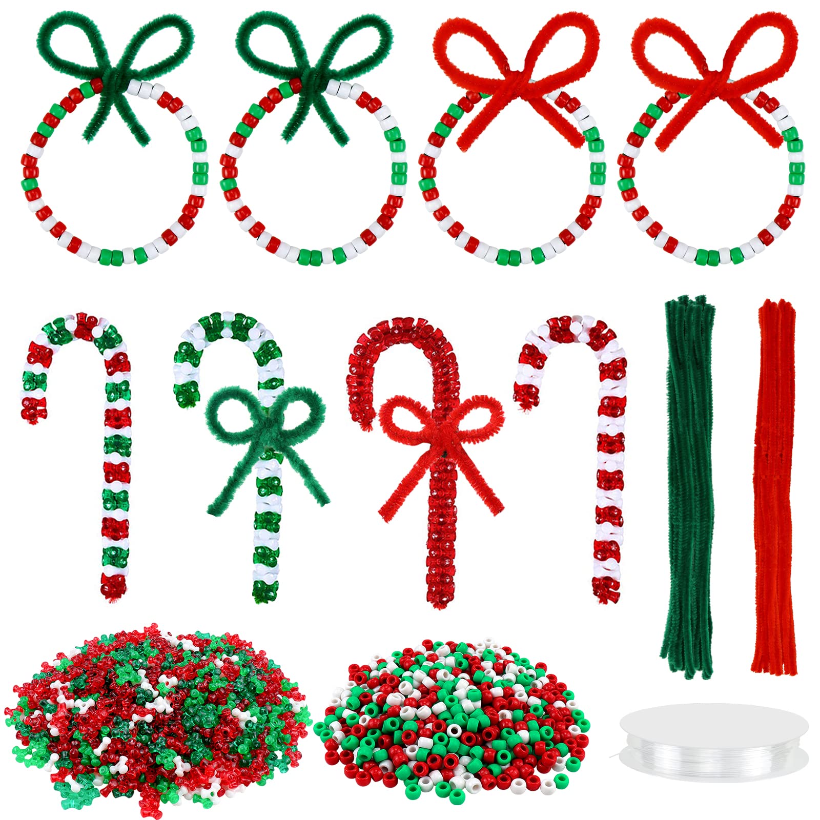 SelfTek 1350 Pcs Christmas Beaded Ornament Kit, 800Pcs Xmas Tri Beads, 500Pcs Pony Beads, 50Pcs Chenille Stems (Red and Green) and 6m Elastic String for DIY Bead Christmas Tree Hanging Decoration