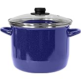 EKCO EOS 8-Quarts Alloy Steel Speckled Stockpot with Glass Lid - Dishwasher and Oven Safe Cooking Pot up to 350°F - Induction Cookware for All Cooktops - Non-Reactive Enameled Soup Pot - Blue