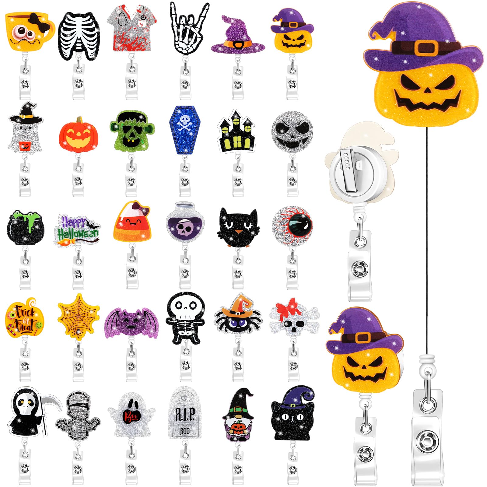 Photo 1 of Crtiin 30 Pcs Halloween Badge Reel Retractable Pumpkin Badge Holder Spider Web Ghost Skull Spider Witch Hat Bling Glitter ID Name Holder with Alligator Clip for Office Nurses Doctors Teacher Gifts