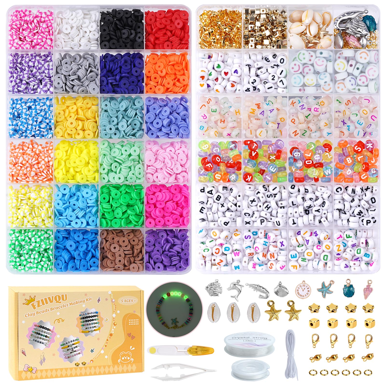 FZIIVQU 7200 Pcs Clay Beads 2 Boxes Friendship Bracelet Making Kit 24 Colors Letter Beads Flat Disc Heishi Clay Bead for Jewelry Making Preppy Set with Glow Number Bead