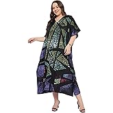 Gypsie Blu Polyester Women’s Plus Size Printed Caftan Maxi Dress Bathing Suit Cover-Up Loose Fit Summer Casual Outings Wear