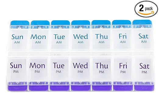 Ezy Dose 7 Day AM/PM Organizer With Push Button, 2 Pack X-Large, Colors May Vary