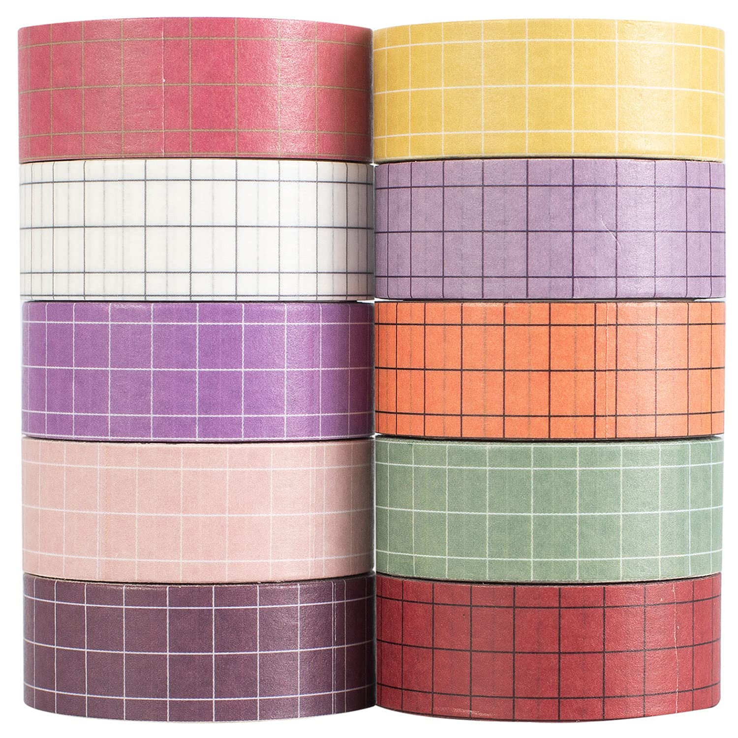 MAGLITT Grid Washi Tape Set 10 Rolls Plaid Decorative Tapes for Bullet Journals, Planners, Scrapbooking, Gift Wrapping, DIY Crafts (Tulip)