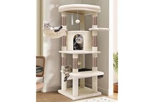 Globlazer Corner Cat Tree, 51in Curved Series Modern Cat Tower for Indoor Cats with Hammock, 7 Sisal Scratching Posts, Large Fan-Shaped Platform for Large Cats, Cat Condo & Hanging Basket, C51, Beige​