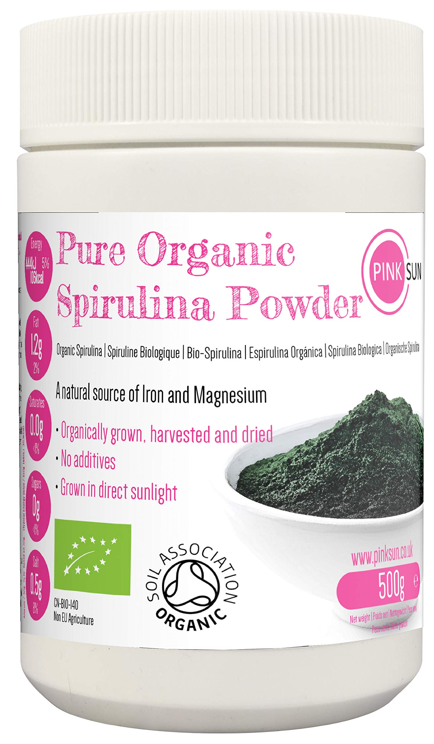 PINK SUN Organic Spirulina Powder 500g (1kg or 2kg) Gluten Free Non GMO Suitable for Vegetarians and Vegans Certified Organic by The Soil Association
